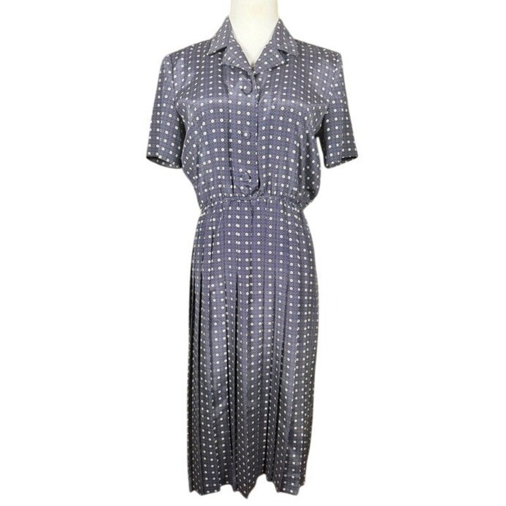 Leslie Fay Dresses Petite Navy Blue Geometric Floral Pleated Midi Dress 6P